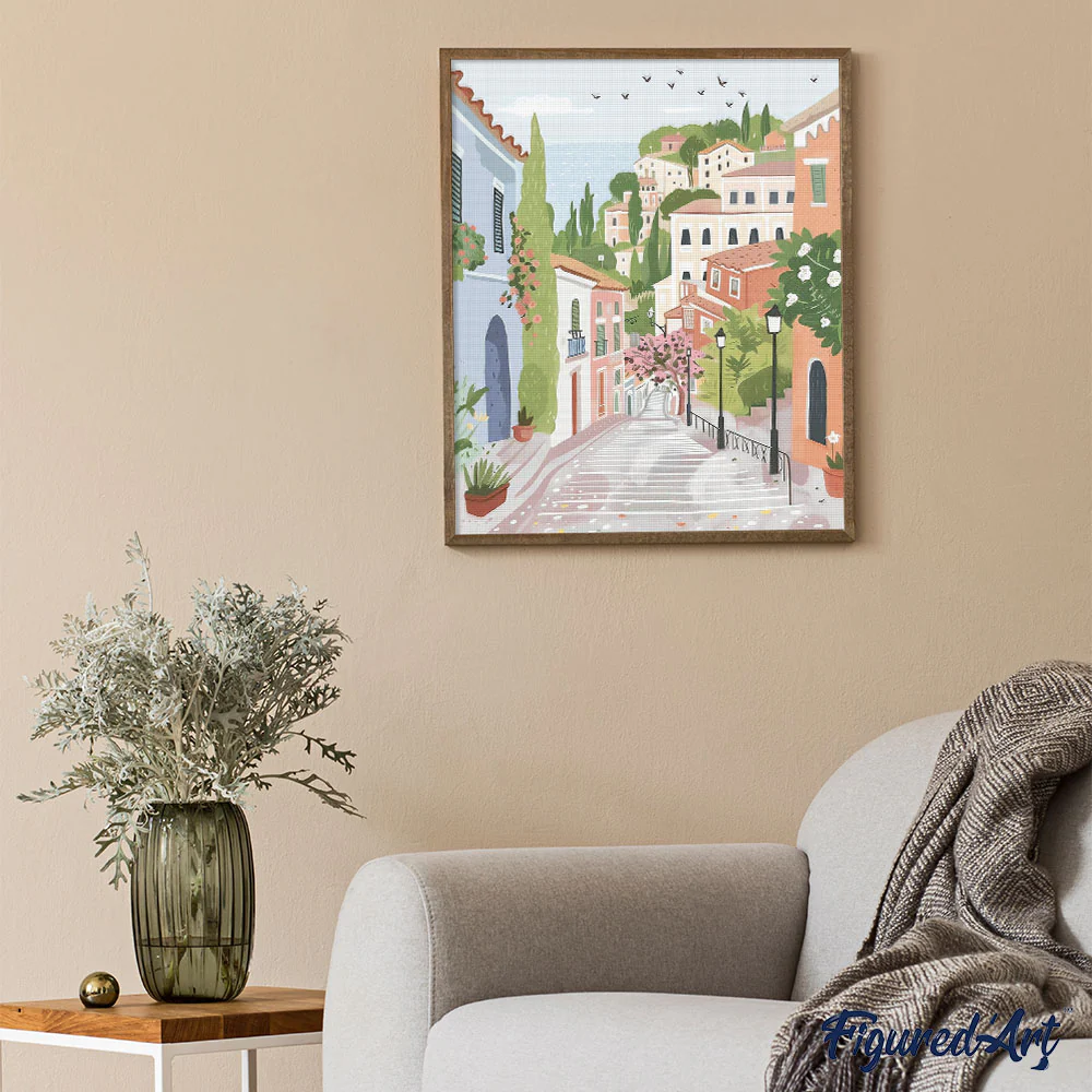 Diamond Painting - Pastel Hillside Town - Image 3