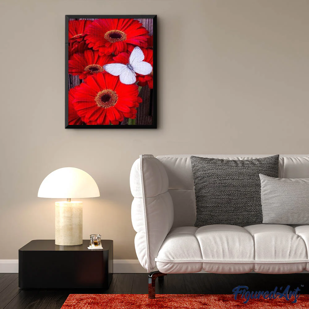 Diamond Painting - Red Daisies and White Butterfly - Image 3