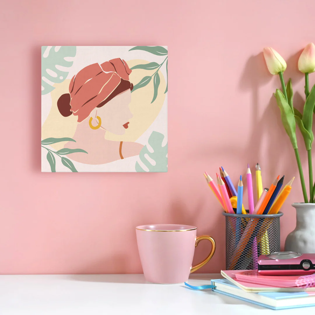 Mini Paint by numbers 8"x8" framed - Abstract Woman in Blush Red Turban - Image 3