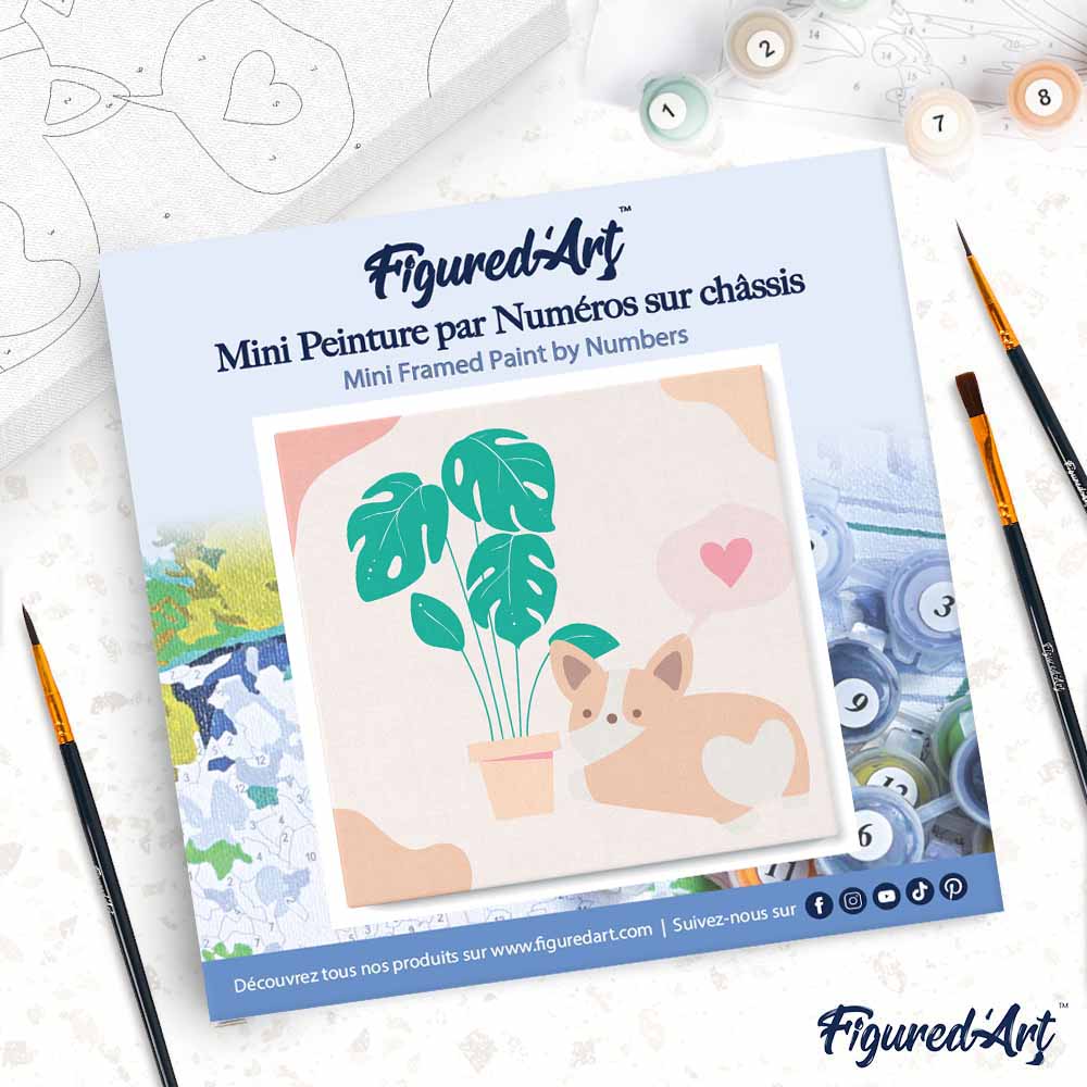 Mini Paint by numbers 8"x8" framed - Little Puppy Loves Monstera - Image 4