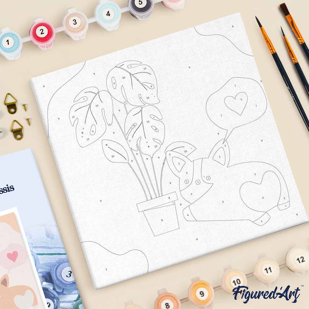 Mini Paint by numbers 8"x8" framed - Little Puppy Loves Monstera - Image 5