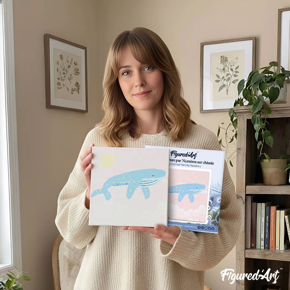 Mini Paint by numbers 8"x8" framed - Pastel Flying Whale - Image 12