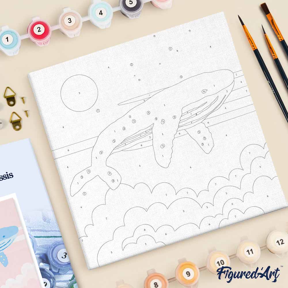 Mini Paint by numbers 8"x8" framed - Pastel Flying Whale - Image 5