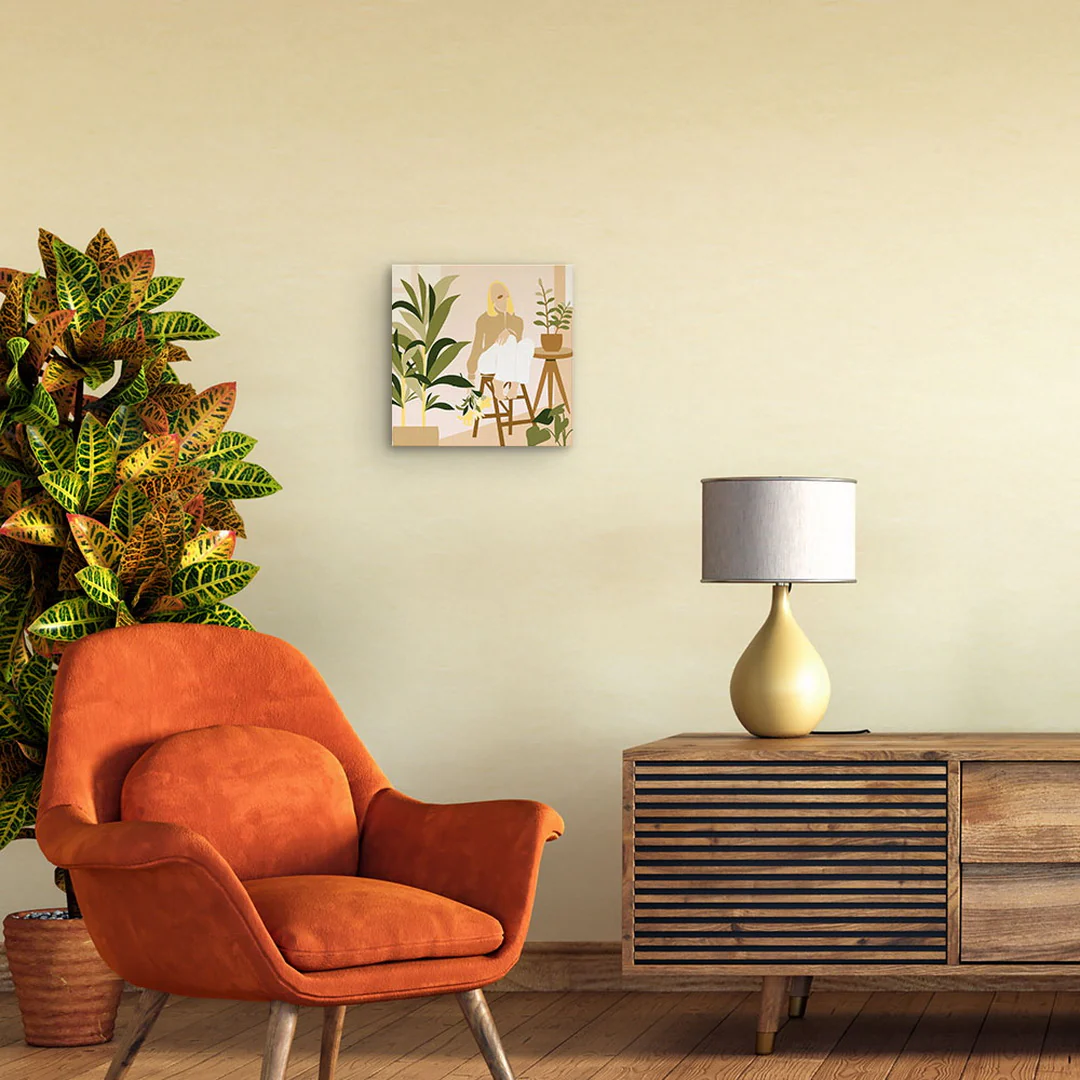 Mini Paint by numbers 8"x8" framed - Woman in the room with plants - Image 3