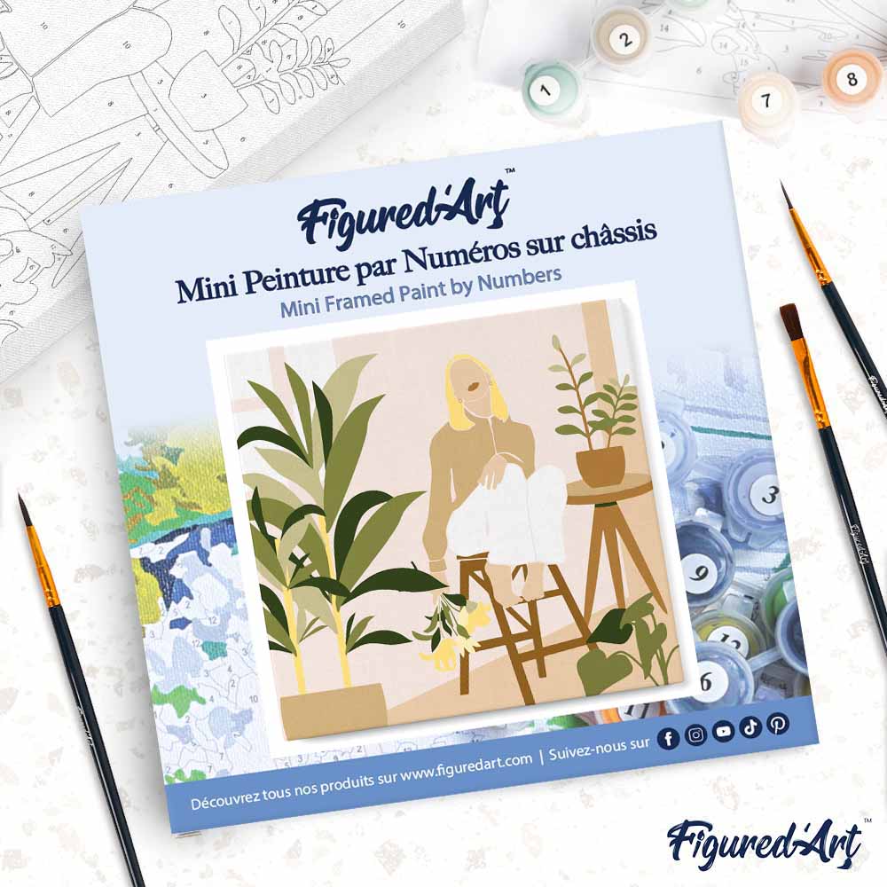 Mini Paint by numbers 8"x8" framed - Woman in the room with plants - Image 4