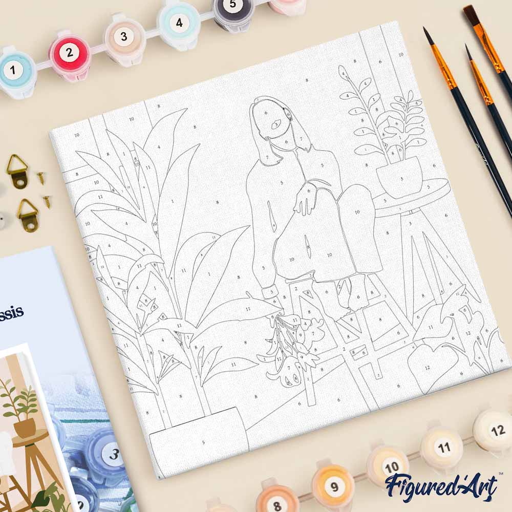 Mini Paint by numbers 8"x8" framed - Woman in the room with plants - Image 5